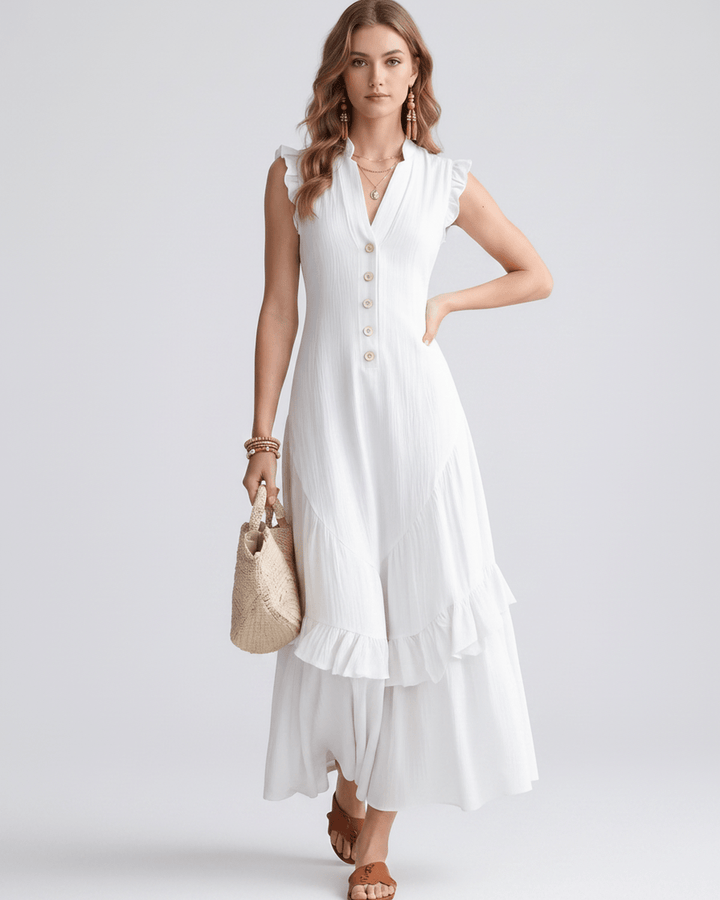 Vestido maxi elegante con volantes fluidos, escote en V. Vestido de mujer para eventos de verano.