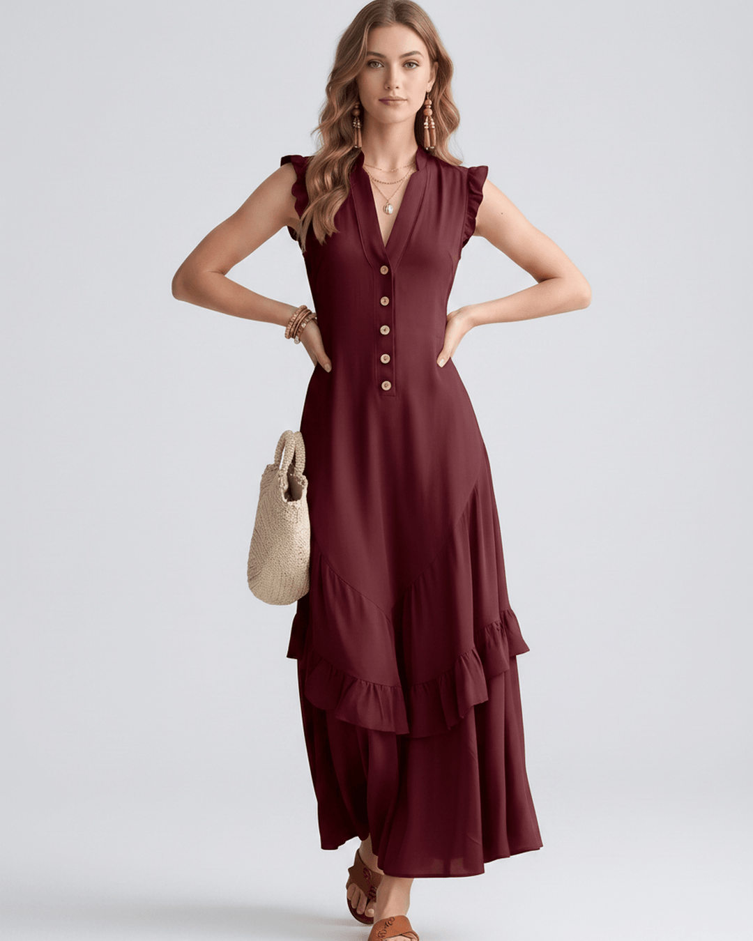 Moda elegante de verano: vestido maxi de volantes y escote en V para mujer.