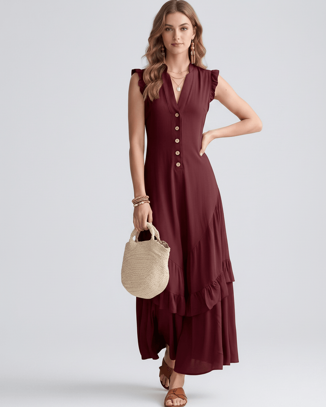 Vestido largo con volantes fluidos, escote en V. Vestido maxi sin mangas para mujer, estilo fiesta.