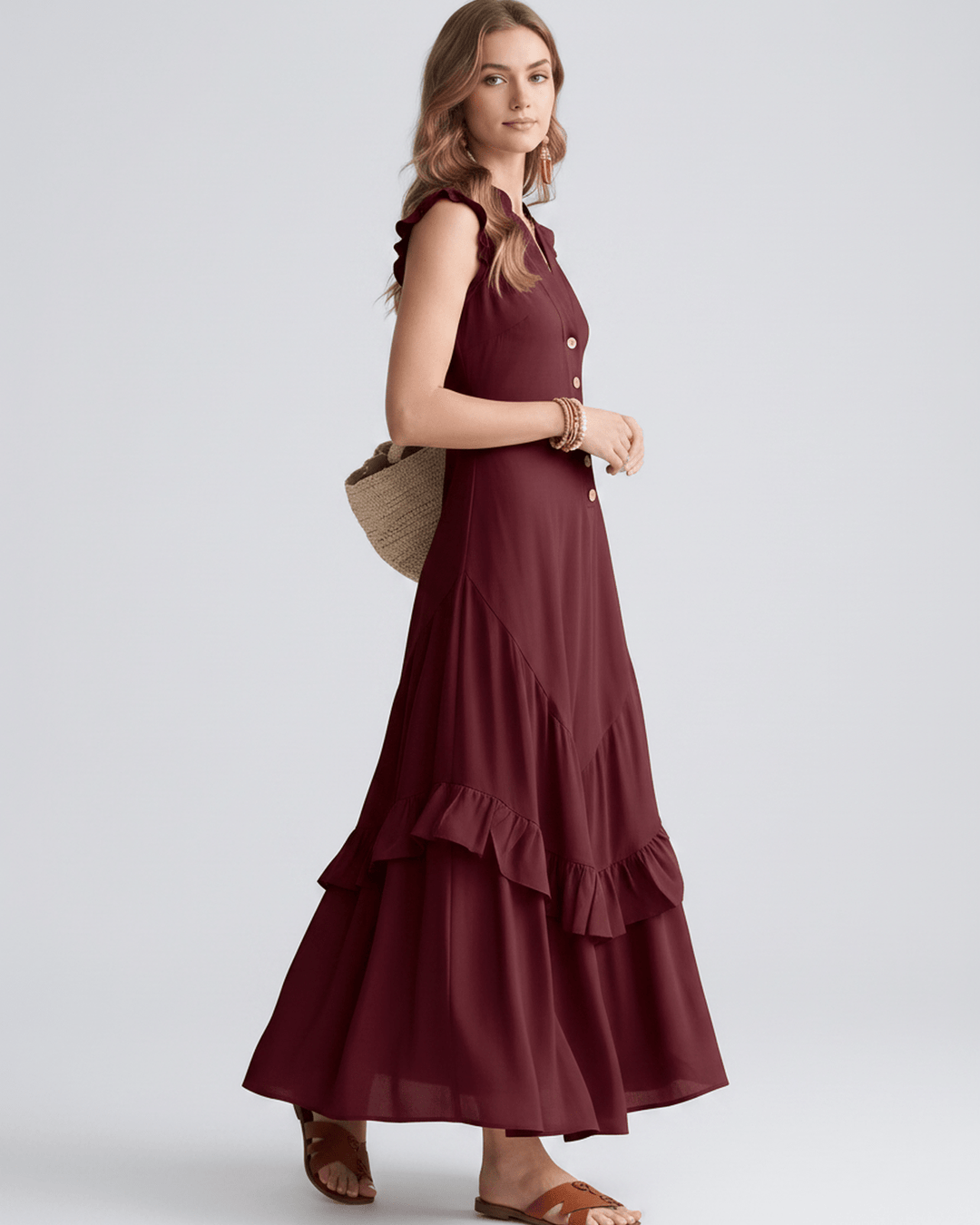 Vestido de mujer para verano, maxi con escote en V y volantes. Estilo elegante y fluido.