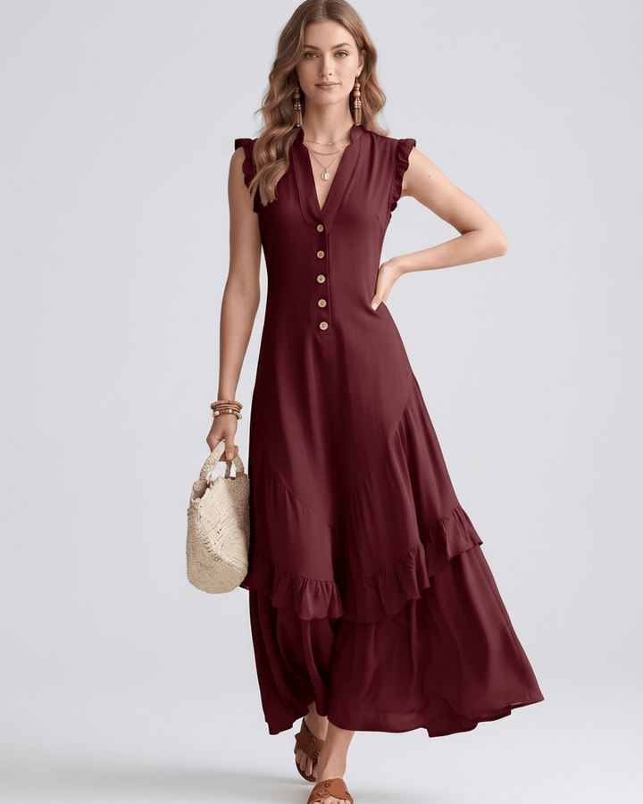 Vestido de mujer con escote en V, volantes fluidos. Vestido largo, ideal para eventos de verano.
