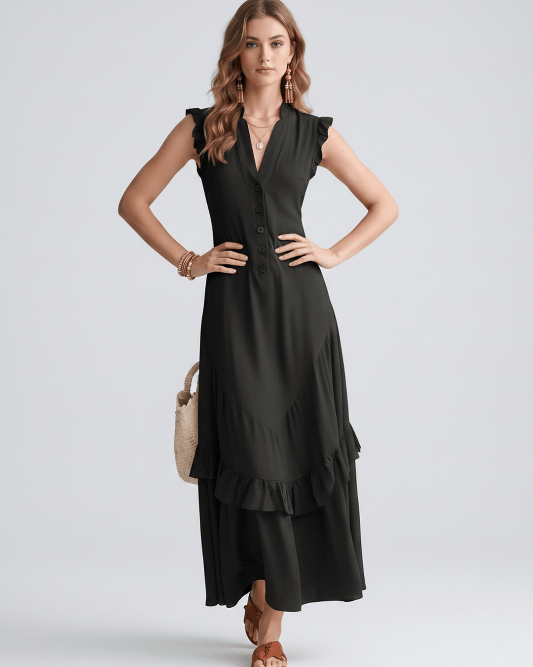 Vestido sin mangas con volantes fluidos, escote en V. Vestido maxi de mujer, perfecto para verano.