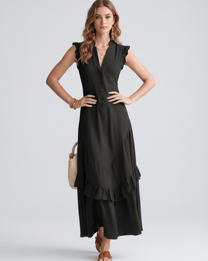Vestido sin mangas con volantes fluidos, escote en V. Vestido maxi de mujer, perfecto para verano.
