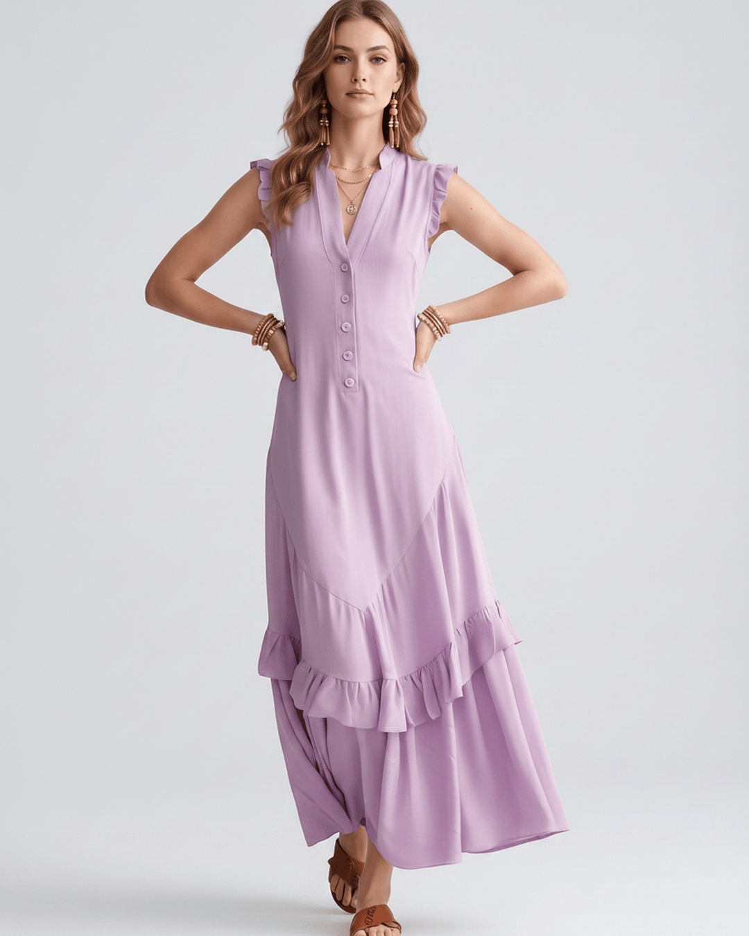 Vestido maxi fluido, elegante, con escote en V y volantes. Vestido de mujer para fiestas y verano.
