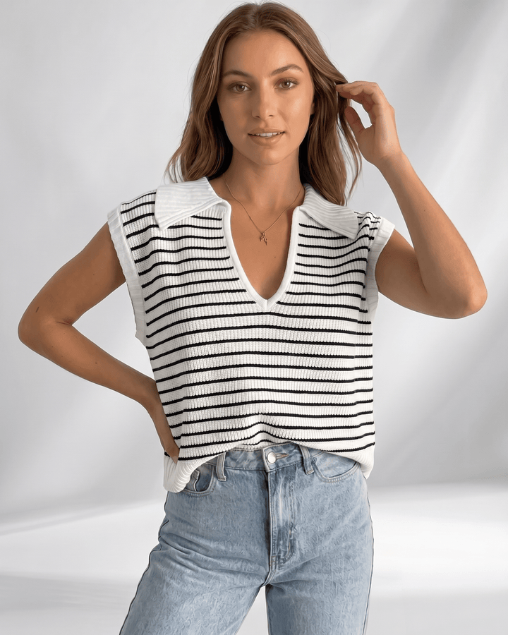 Camiseta de mujer Solvane, rayas y cuello V. Estilo versátil para primavera y verano.