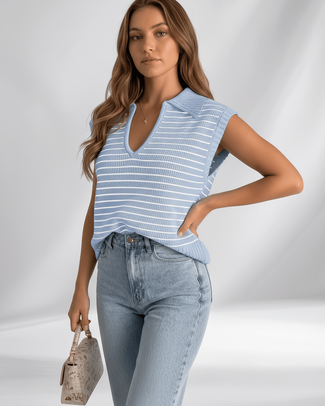 Camiseta Solvane de mujer, rayas y cuello V. Estilo moderno y confort, perfecto para viajar.