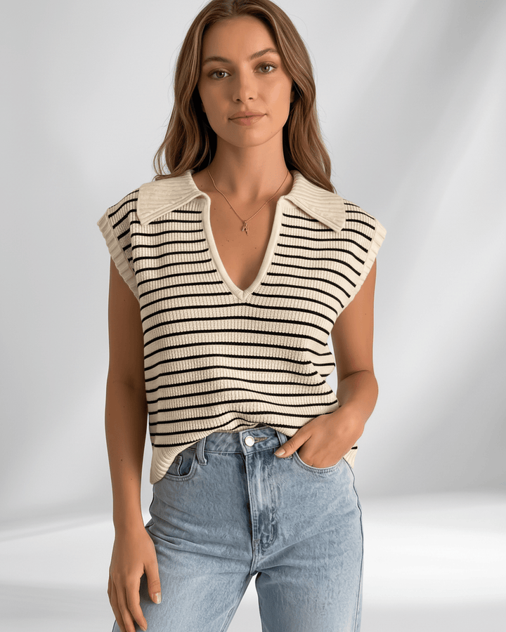 Camiseta de mujer Solvane, rayas y cuello V. Ideal para un outfit de día o noche en primavera.