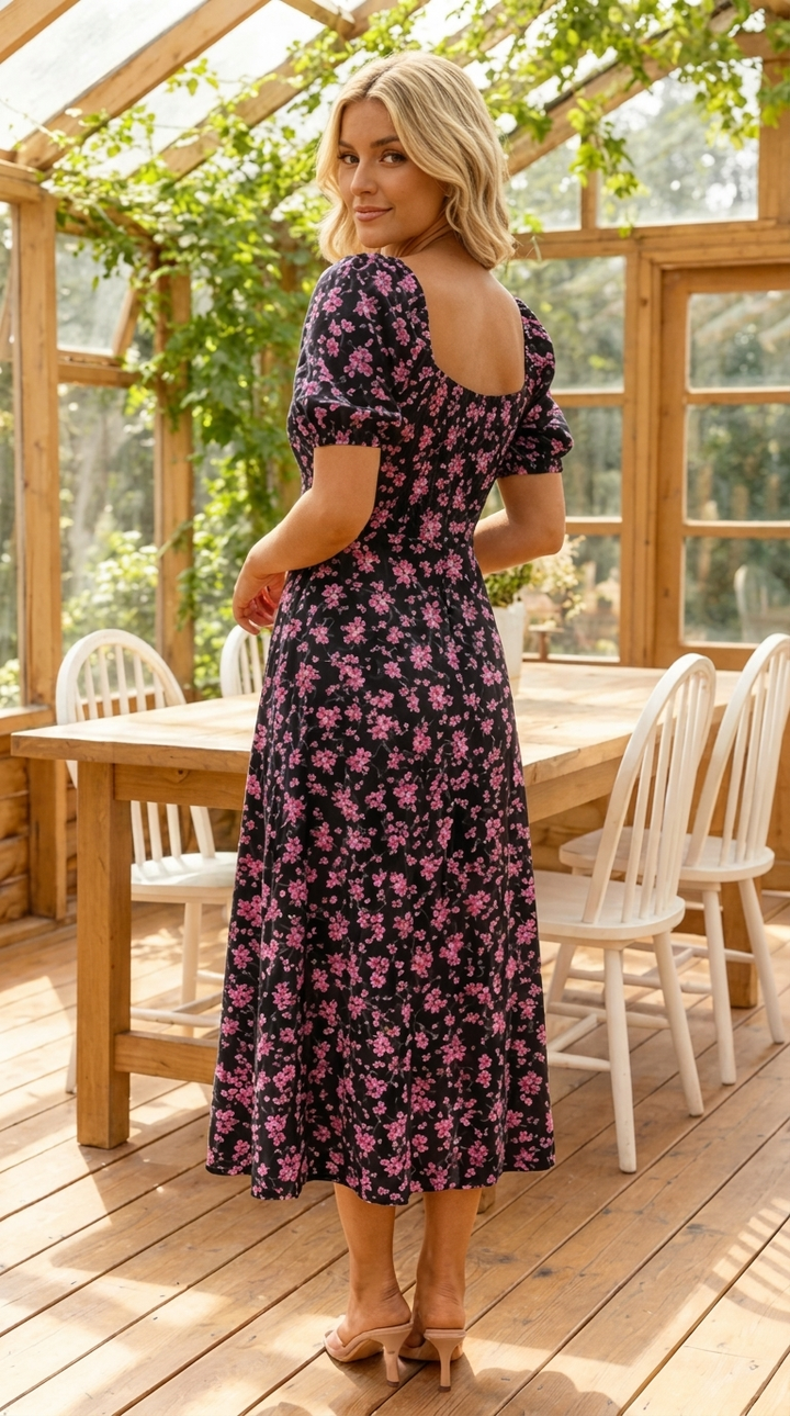 Patrón floral en vestido midi de mujer con mangas abullonadas. Estilo fresco y elegante para verano y reuniones.