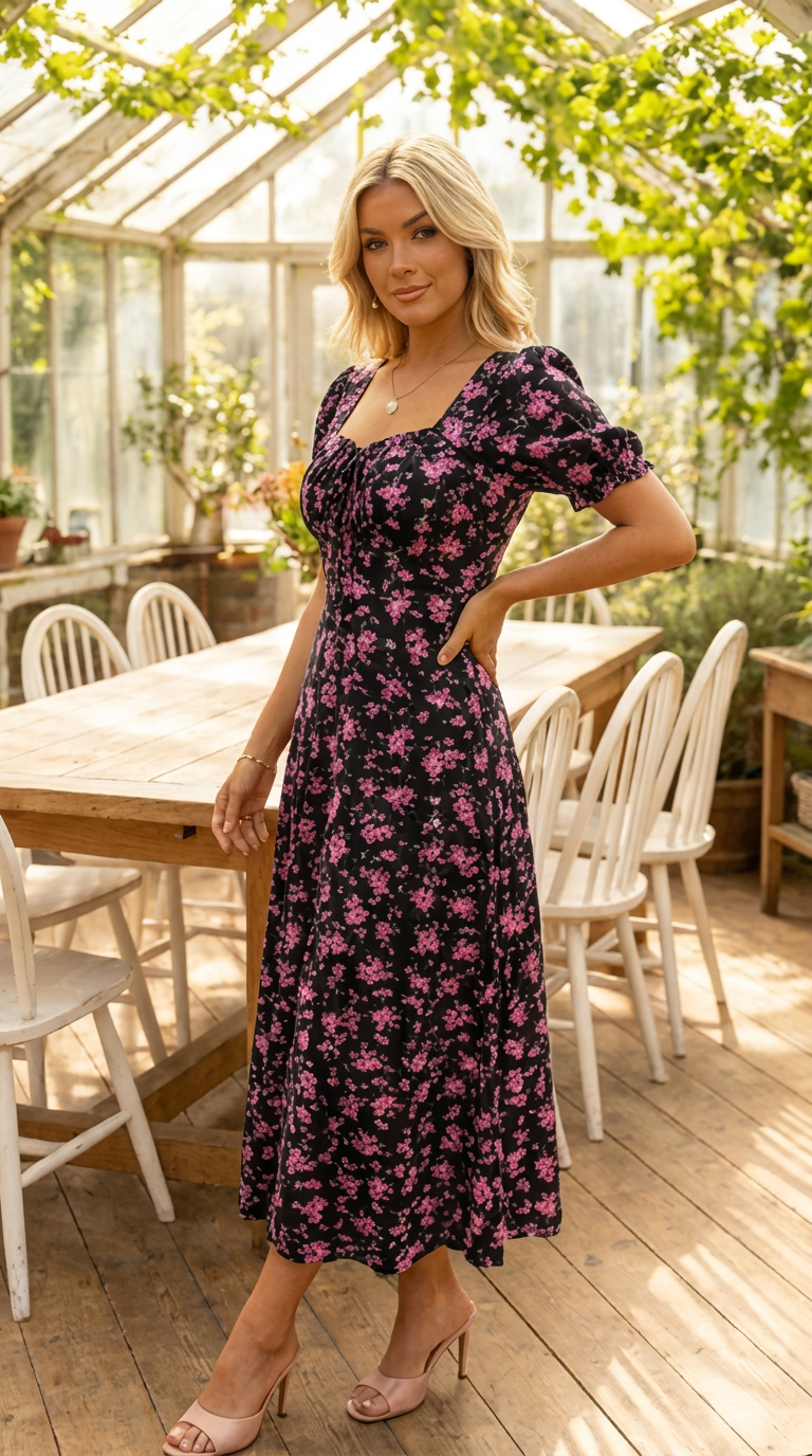 Vestido midi floral con mangas abullonadas, tendencia de verano. Un look femenino, casual y elegante para la fiesta.
