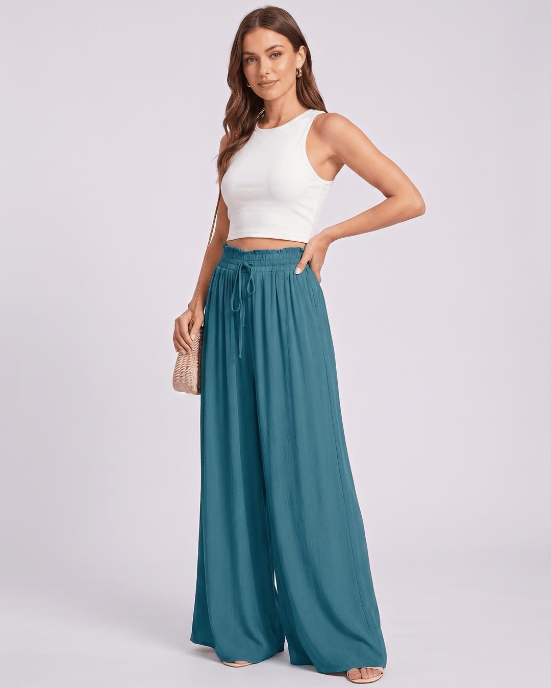 Pantalones Selene mujer, cintura alta, pierna ancha, cómodos y frescos para el verano.