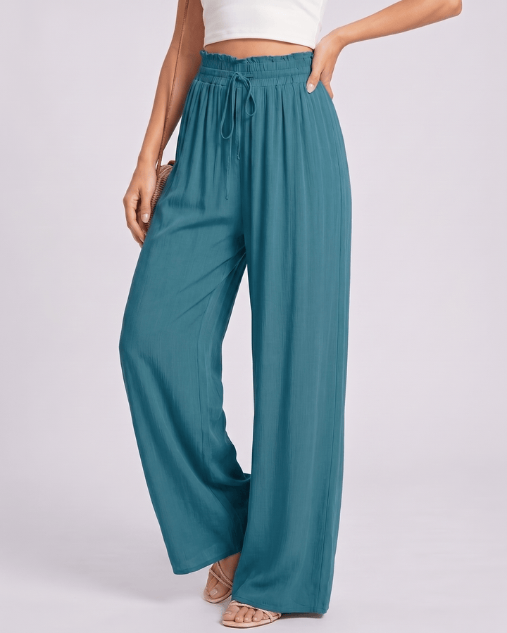 Selene pantalones de mujer, cintura alta y pierna ancha, estilo elegante para el verano.