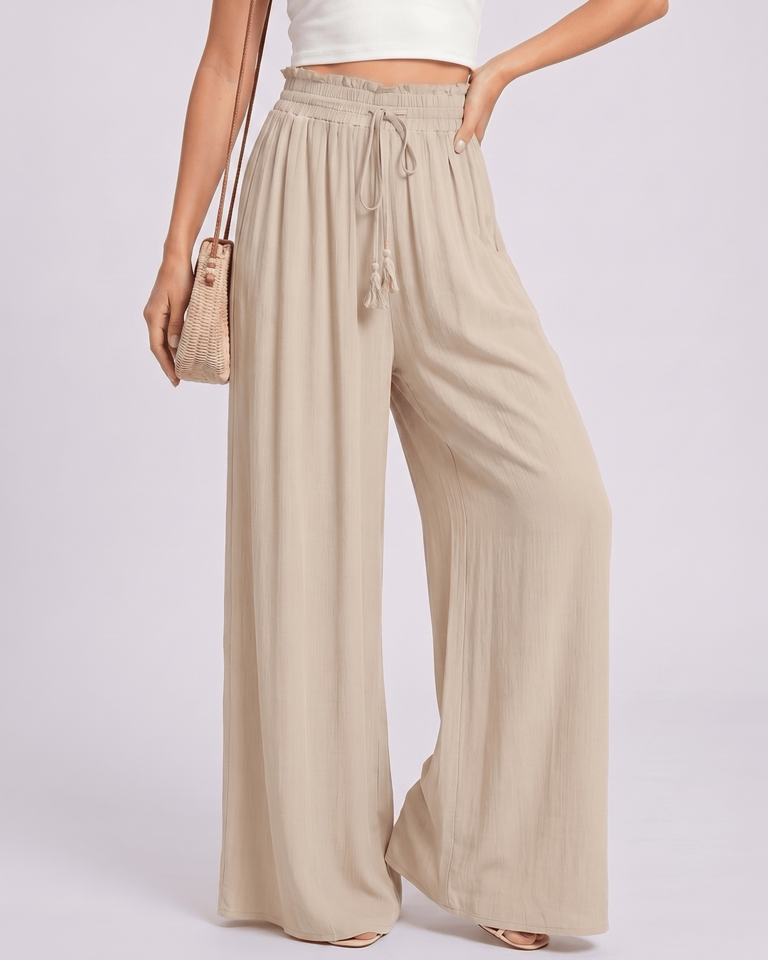 Pantalones casuales de verano Selene mujer, pierna ancha, cintura alta, fácil de combinar.