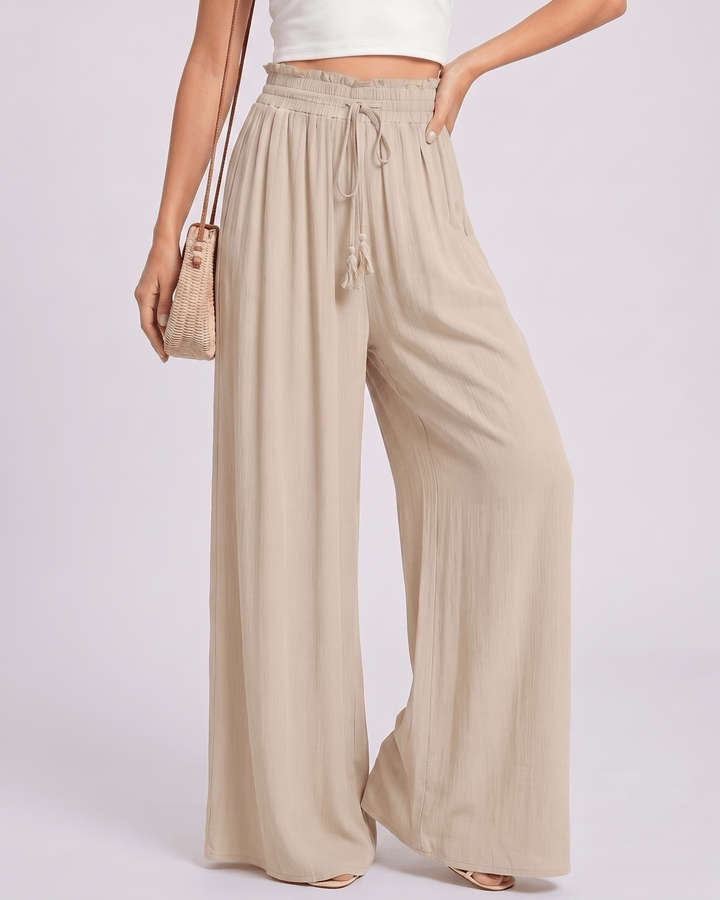 Pantalones casuales de verano Selene mujer, pierna ancha, cintura alta, fácil de combinar.