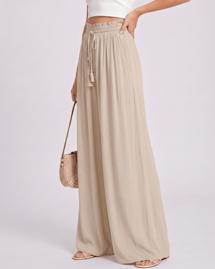Pantalones Selene de mujer, cintura alta, pierna ancha, cómodos para viajar en verano.