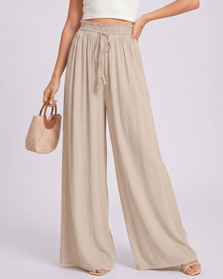 Pantalones de mujer Selene, cintura alta, pierna ancha, para un outfit elegante de verano.