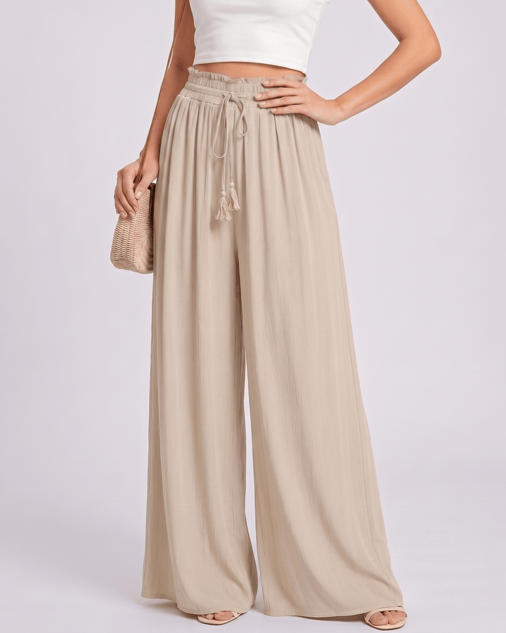 Selene: pantalones de mujer, pierna ancha, cintura alta, tela fluida para máximo confort.