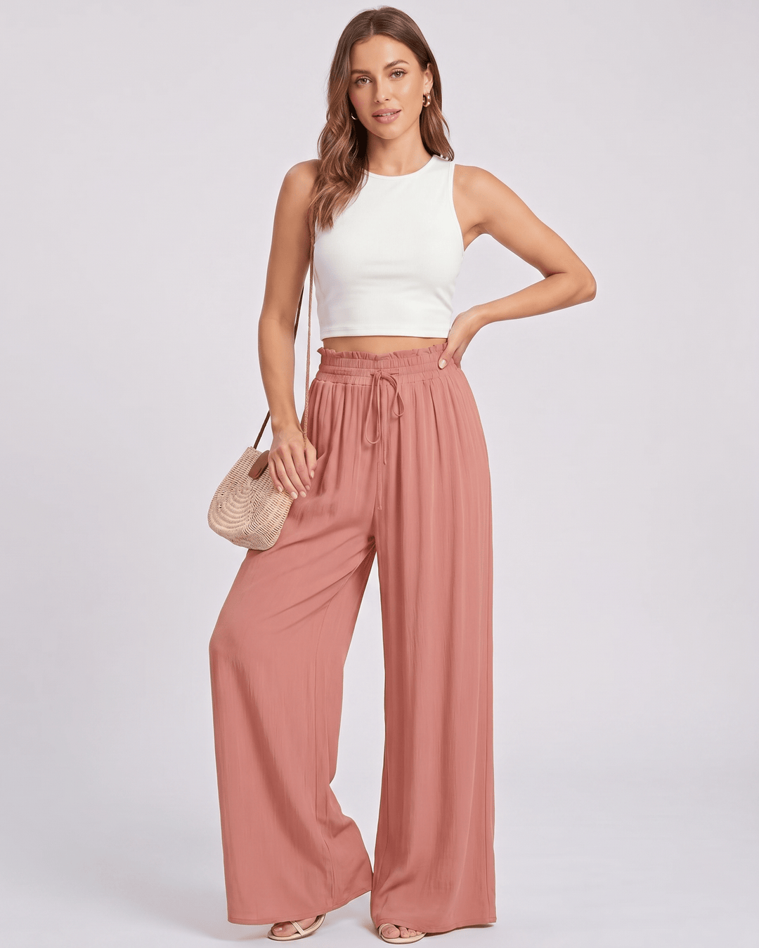 Pantalones Selene de mujer, pierna ancha, cintura alta, diseño versátil y cómodo para verano.