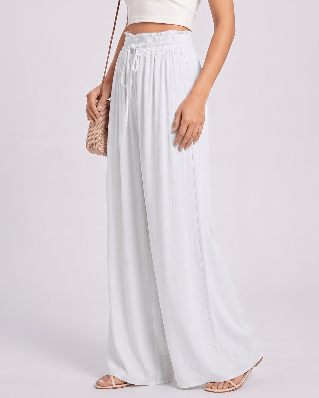 Pantalones de mujer Selene, pierna ancha, cintura alta, transpirables para el calor de verano.