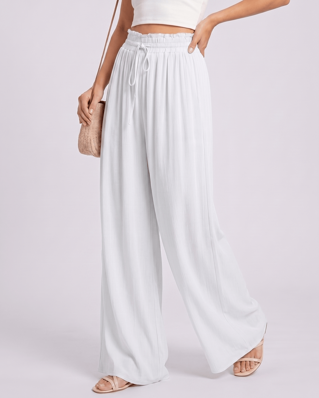 Pantalones Selene mujer, look elegante, cintura alta, pierna ancha, ideal para eventos de verano.