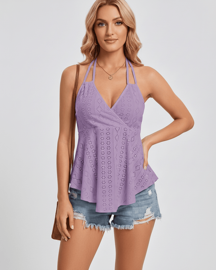 Top halter casual fluido, sin mangas, para mujer. Look veraniego y cómodo.