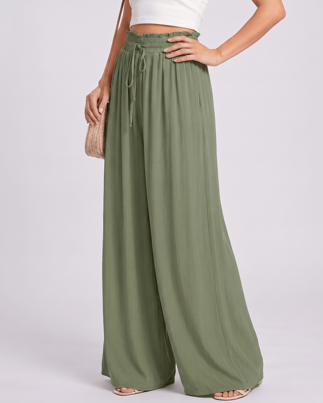 Pantalones Selene de mujer, cintura alta, pierna ancha, diseño versátil para verano.