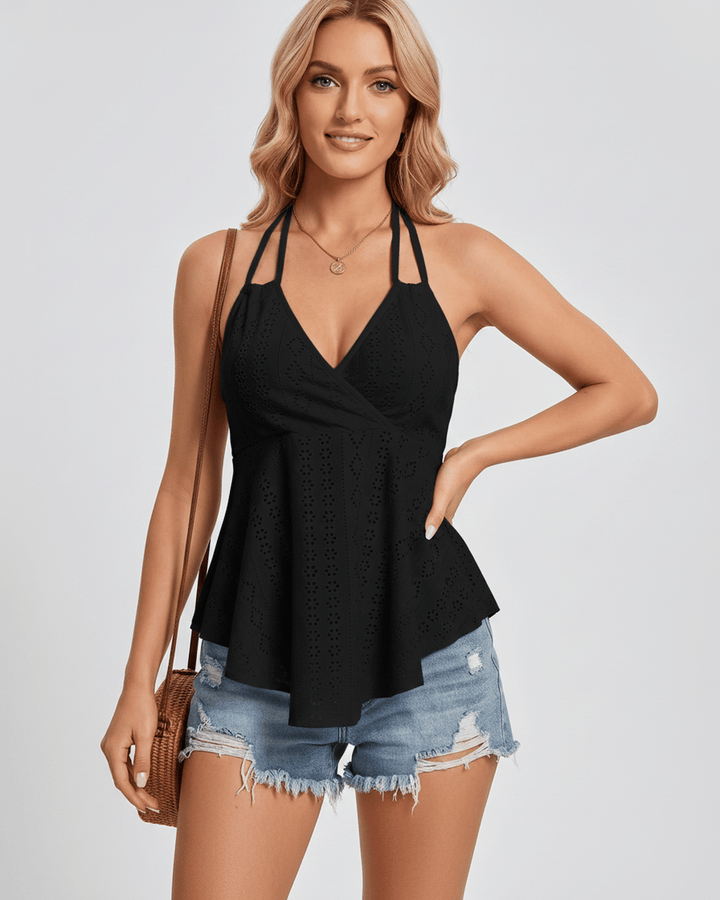 Top veraniego chic, blusa halter de mujer con escote en V. Ideal para la playa.