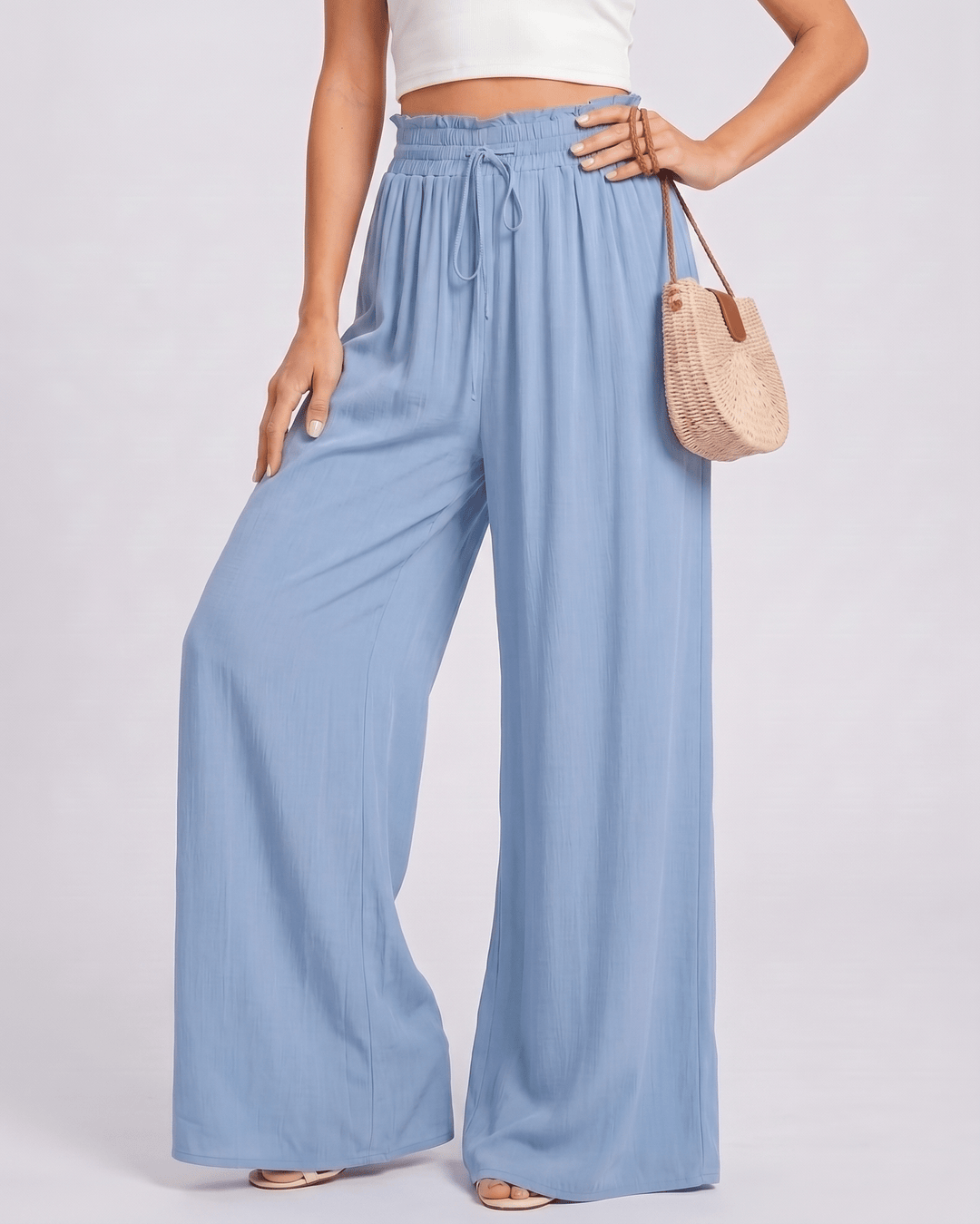 Pantalones de verano Selene para mujer, pierna ancha y cintura alta, muy fluidos.