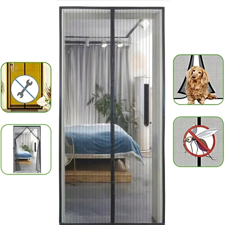 Malla mosquitera magnética duradera para puertas de hogar. Cierre automático, previene la entrada de insectos, fácil acceso.