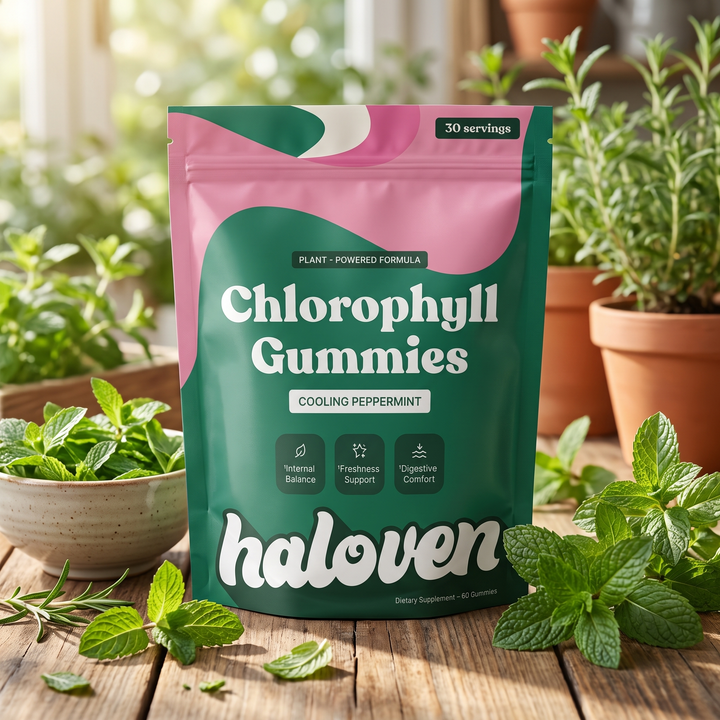 Gominolas de clorofila unisex sabor menta para aliento fresco y mejora digestiva.