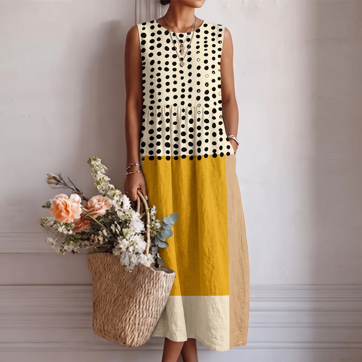 Vestido midi casual de verano para mujer con estampado de lunares, ideal para playa, cómodo y fresco.
