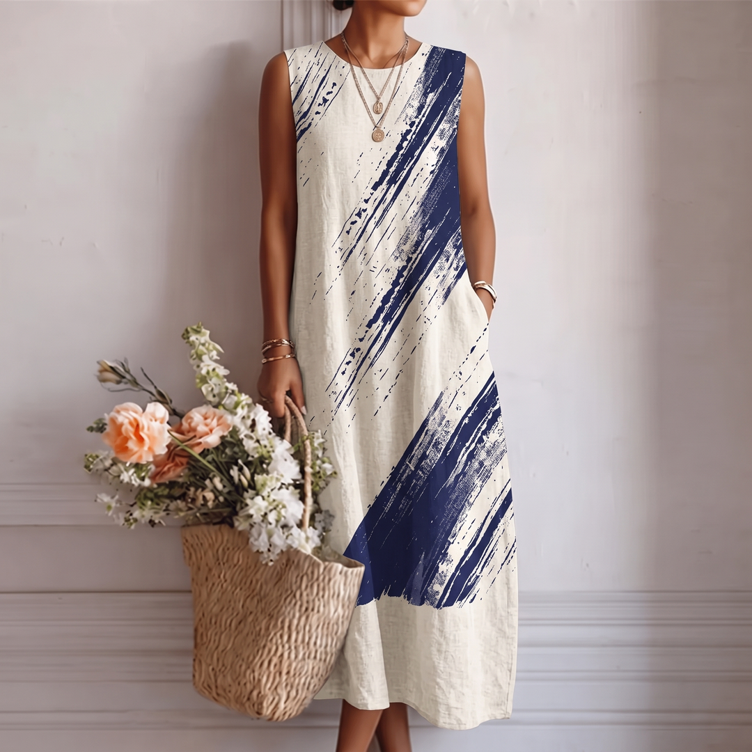 Vestido midi de mujer sin mangas con estampado abstracto moderno. Diseño fluido y cómodo, ideal para verano y primavera.