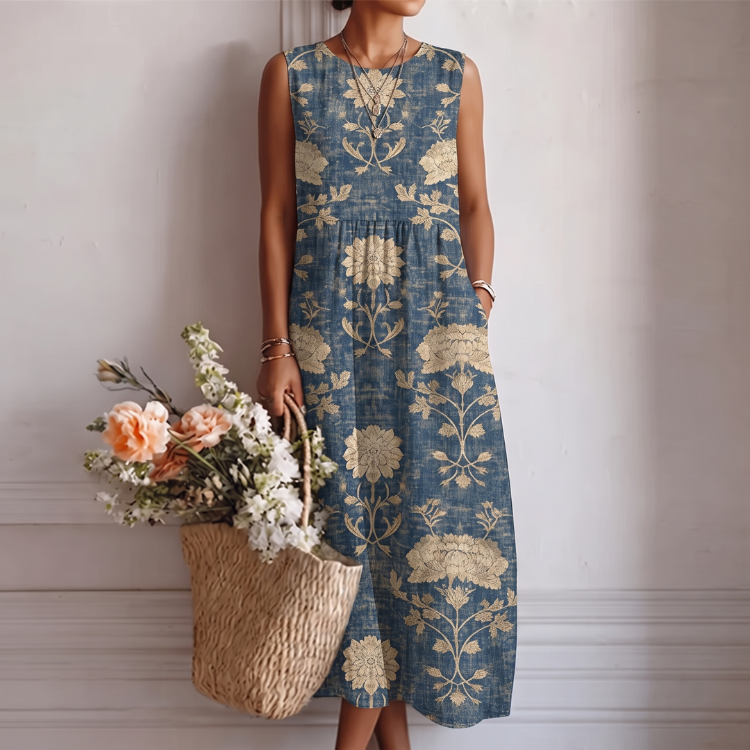 Vestido midi floral sin mangas para mujer, ideal para verano. Diseño fresco y elegante, perfecto para un paseo o vacaciones.