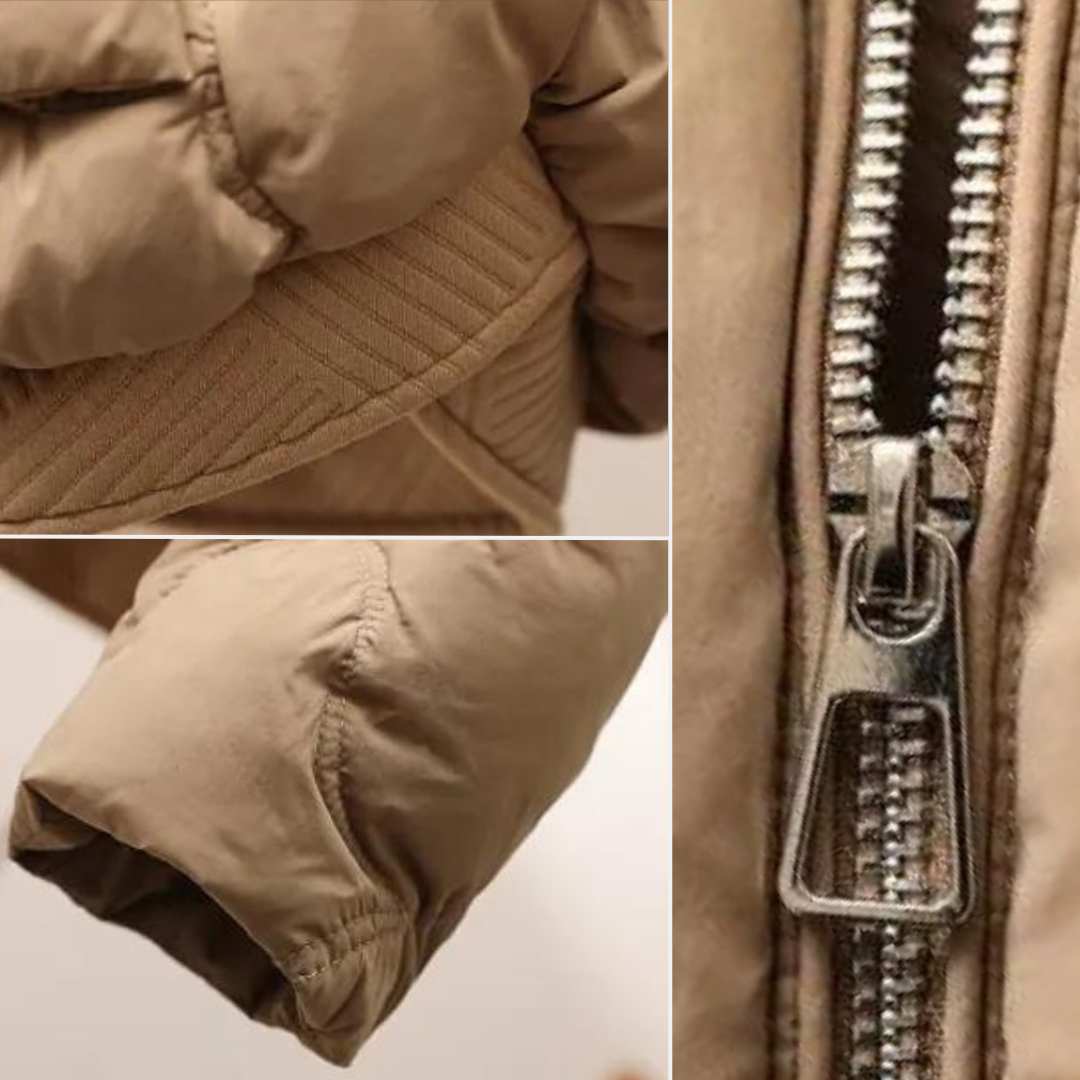 Detalle de chaqueta de invierno para mujer, abrigo cálido y elegante. Esencial para combatir el frío con moda.