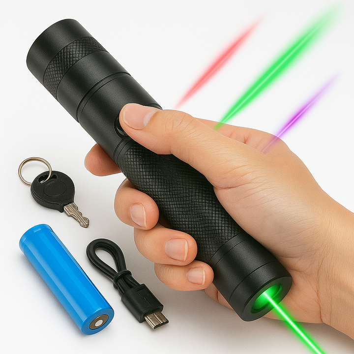 Láser de largo alcance para presentaciones, aventura, o señalar estrellas; recargable USB.