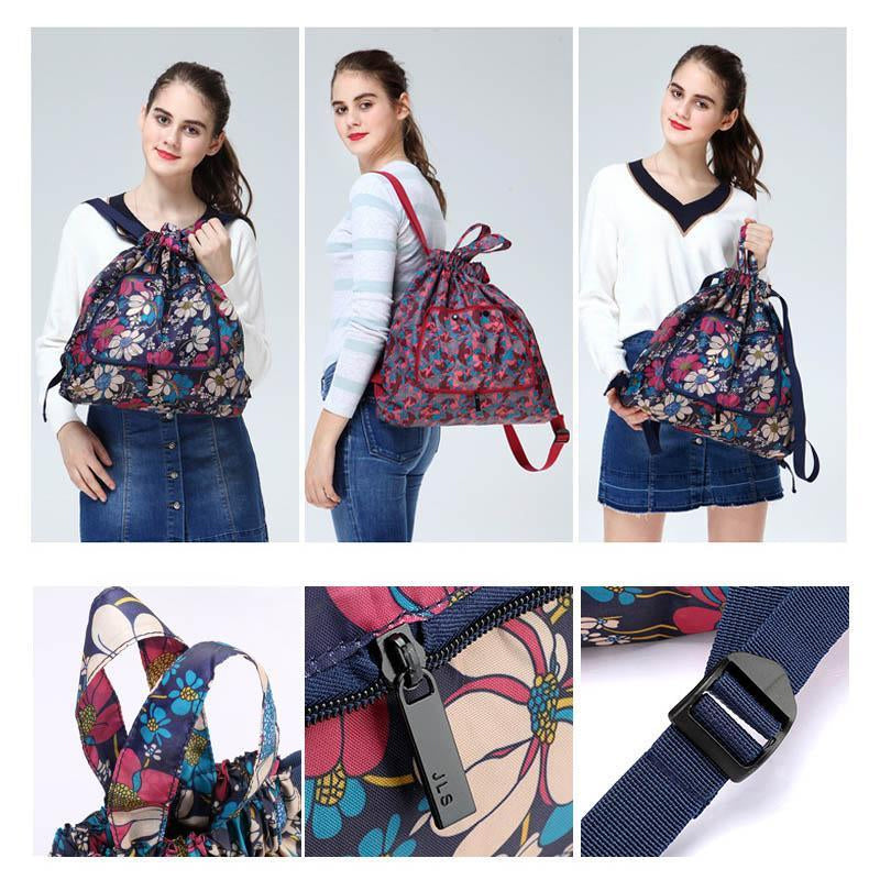 Mochila urbana unisex con cierre de cuerda, compacta y plegable para uso diario.