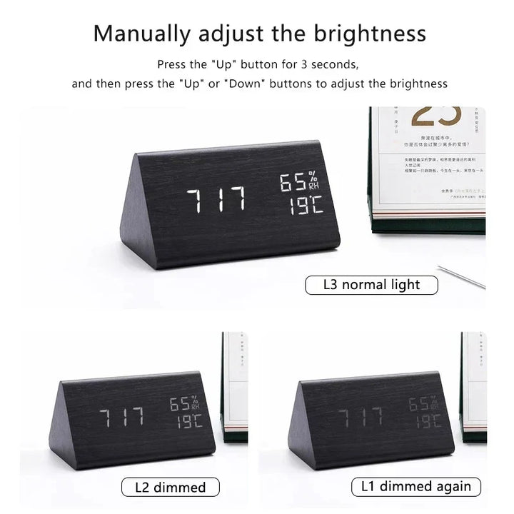 Reloj de madera compacto con LED, control por voz y temperatura. Ideal para espacios minimalistas.