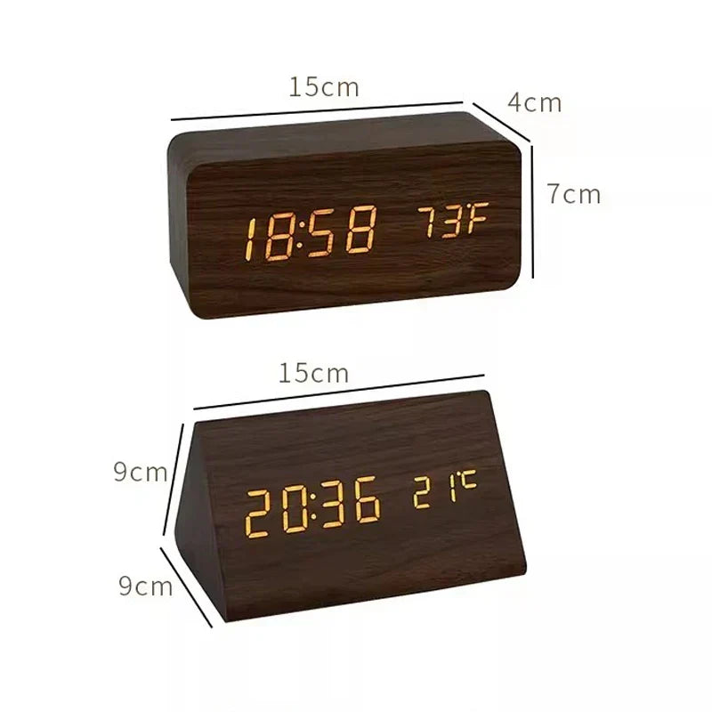 Decoración hogar: Reloj despertador de madera con pantalla LED, control por voz y temperatura ambiente.
