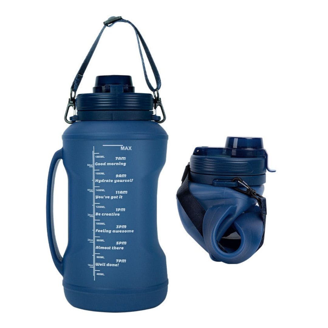 Botella de agua plegable de silicona, ideal para camping y senderismo. Ligera y portátil para aventuras.
