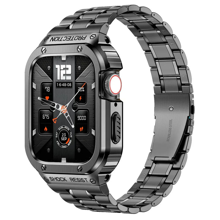 Funda protectora anti-golpes y correa de acero para tu reloj inteligente, unisex y resistente.