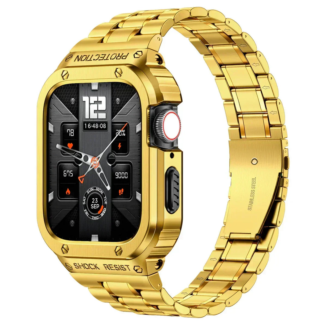 Correa duradera de acero y funda protectora completa para smartwatch, estilo unisex.