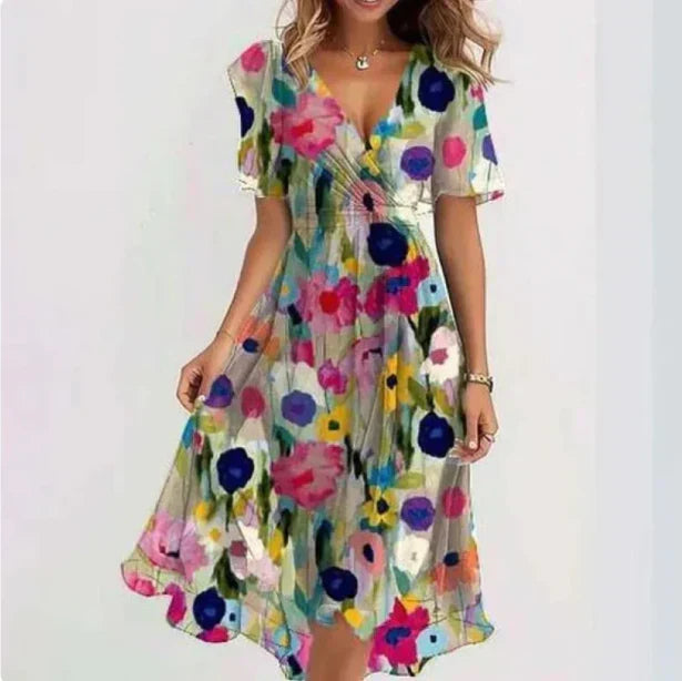 Vestido midi floral de moda femenina, con escote en V y mangas cortas, que irradia elegancia de verano.