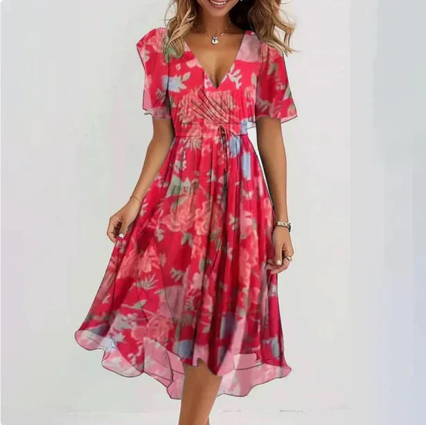 Vestido de verano floral midi casual para mujer, fresco y colorido, con escote en V y mangas cortas.