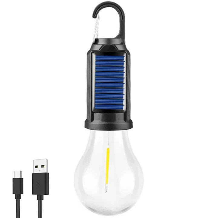 Linterna solar recargable con gancho para camping. Ideal para iluminación exterior portátil LED.