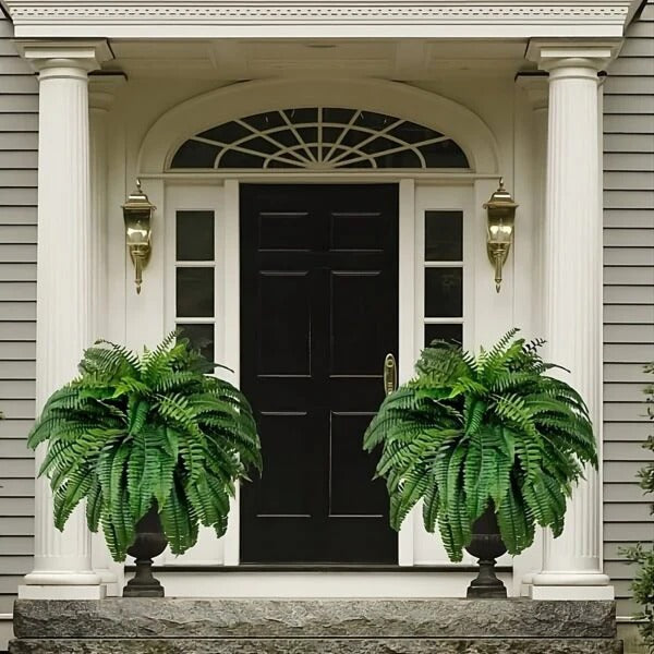 Helecho de Boston artificial con protección UV, ideal para decoración versátil de interior y exterior sin mantenimiento.