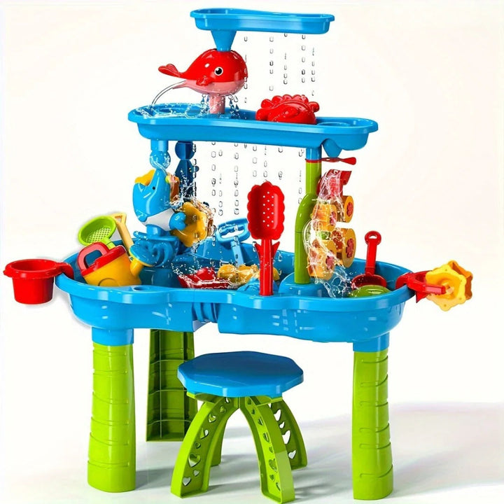Mesa de arena y agua 3 en 1 para niños, ideal para juego sensorial al aire libre en jardín o patio.