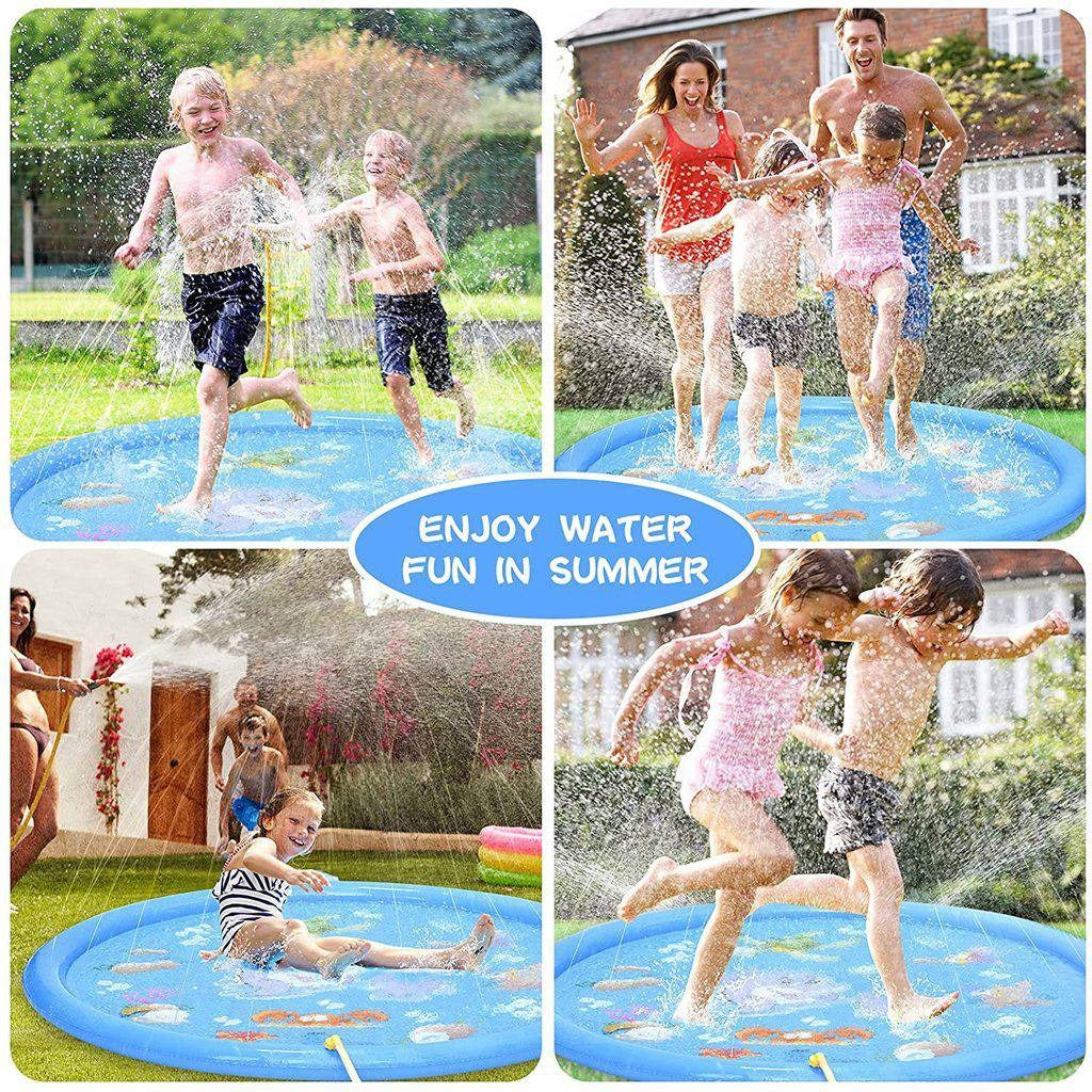 Chorros de agua salpicando de la alfombra con aspersores, creando una piscina divertida y refrescante para niños en verano.
