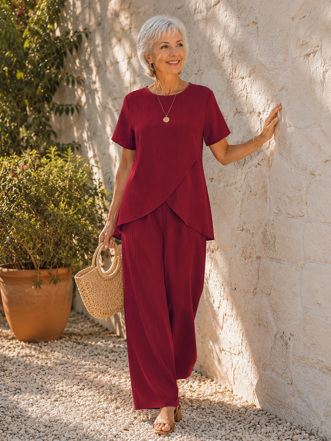 Ropa femenina moderna y fluida: conjunto de dos piezas con top asimétrico y pantalón ancho.
