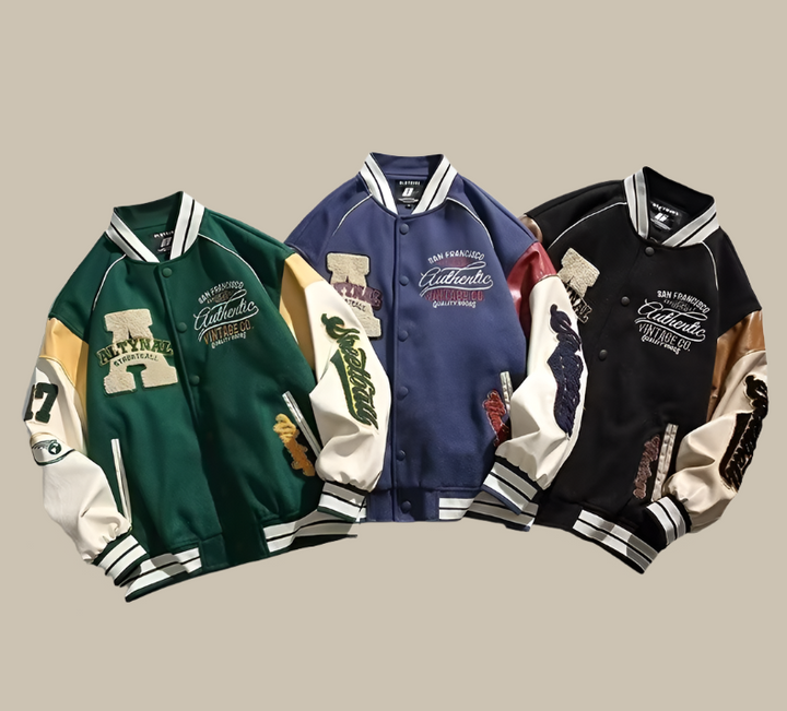 Prenda holgada de hombre, chaqueta bomber oversize estilo béisbol. Moda masculina urbana para invierno y otoño.