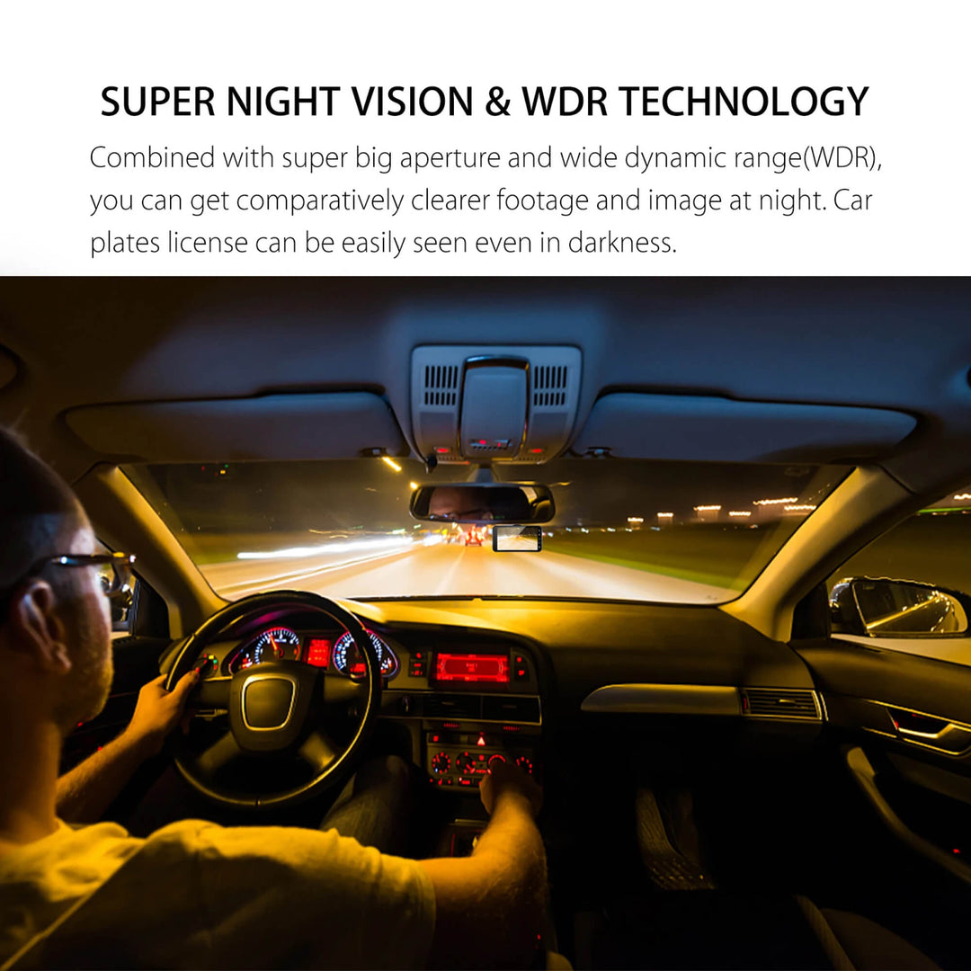 Vista frontal de dash cam doble 1080p, gran angular, con cámara interior para cobertura completa del vehículo.