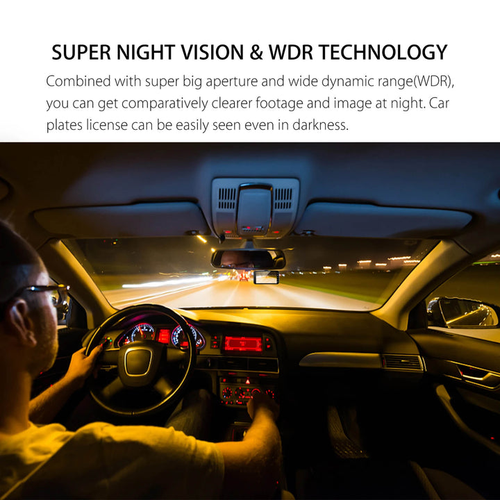 Vista frontal de dash cam doble 1080p, gran angular, con cámara interior para cobertura completa del vehículo.